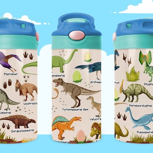 Kids Water Bottle 12 oz kid 20oz Sublimation Png birthday gift for boy Skinny Dinosaurs Name png,Digital Download,flip top sippy cup