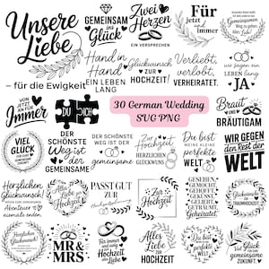 Könnte beinhalten: Eine Sammlung von schwarz-weißen deutschen Hochzeits-SVG- und PNG-Grafiken. Die Designs enthalten Sätze wie „Unsere Liebe“, „Für immer“ und „Mr. & Mrs.“ zusammen mit dekorativen Elementen wie Herzen, Ringen und Lorbeerkränzen.