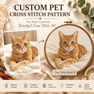 Puede incluir: Un patrón de punto de cruz personalizado para mascotas con un gato atigrado rojo. La imagen muestra una foto del gato junto al resultado del punto de cruz en un aro de madera. El texto incluye "Your Photo" y "Cross Stitch Result."
