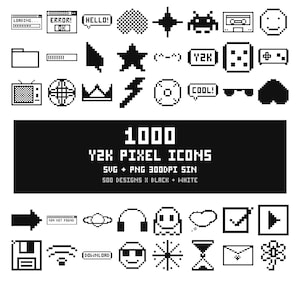 May include: A collection of 1000 black and white Y2K pixel icons featuring various shapes like stars, hearts, smileys, retro tech, and text bubbles. The central text reads 1000 Y2K PIXEL ICONS, SVG + PNG 300DPI 5IN, 500 DESIGNS X BLACK + WHITE.
