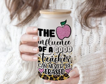 16 oz Libbey Glass Can Tumbler Sublimation Design Rainbow Leopard Glitter Teacher , Teacher Rainbow, Pencil Monogram Teacher Life Name png