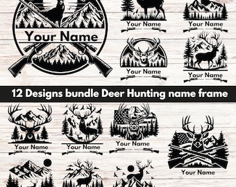May include: A set of 12 black and white deer hunting name frame designs. Each design features a deer, mountains, trees, and a rifle. The text "Your Name" is included in each design.