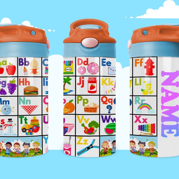 Kids Water Bottle 12 oz kids Name Alphabet Sublimation birthday gift for boy Skinny,ABC Animals Learning Digital for kids, Text flip top png