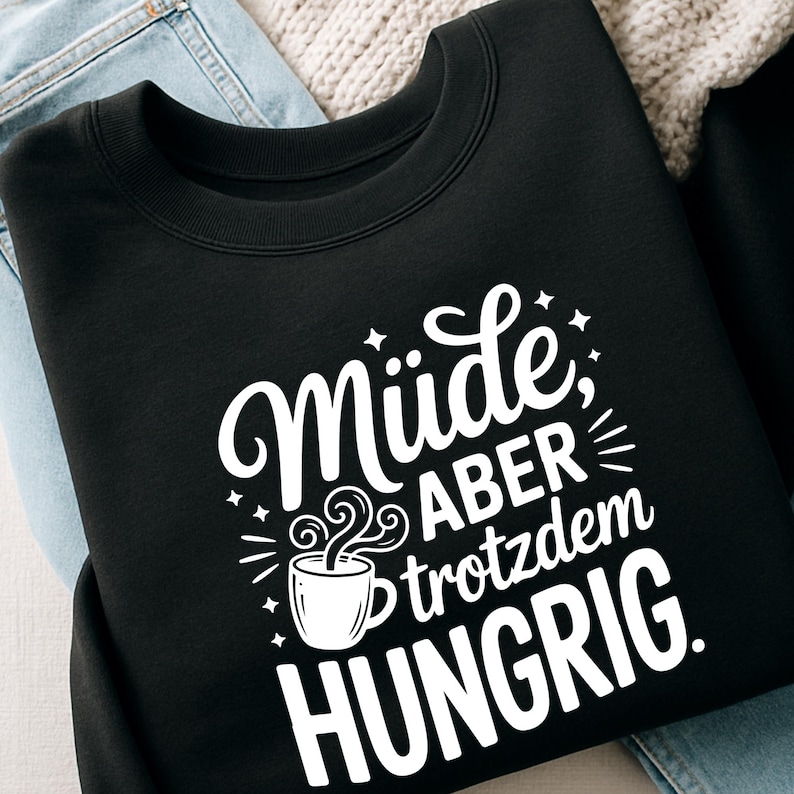 Puede incluir: Sudadera negra con texto blanco "M&uuml;de, aber trotzdem hungrig". Se incluye un gr&aacute;fico de taza de caf&eacute; en el dise&ntilde;o. La sudadera se muestra sobre una superficie de color claro.