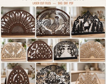 10 Napkin Holder SVG Bundle | Laser Cut Wooden Napkin Stand, Glowforge Kitchen Decor, Sunflower Rooster Christmas Fall dxf