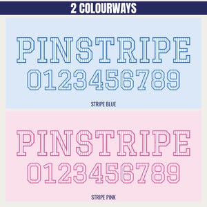 May include: A graphic display showing 2 colourways with the text PINSTRIPE and the numbers 0123456789. The top section features blue text on a light blue background labeled STRIPE BLUE. The bottom section features pink text on a light pink background labeled STRIPE PINK.