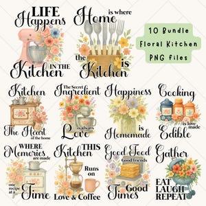 10 Bundle Floral Kitchen Towel Sublimation Designs PNG | Kitchen Quote Towel PNG Template | Cooking Baking Lover&#39;s Home Decor Kitchen PNG