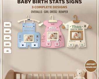3 Baby Birth Stats Sign Bundle SVG Laser Cut File | Newborn Keepsake Photo Frame with Real Pockets, Overalls Dress Romper, Glowforge dxf