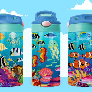 Botella de agua para niños 12 oz niño 20 oz Sublimación Png regalo de cumpleaños para niña niño Flaco png,Fish Sea OceanSublimation Descarga digital, flip top