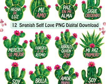 12 Bundle Spanish Self Love Cute Latina PNG | Inspirational Cactus Floral (Digital Download)