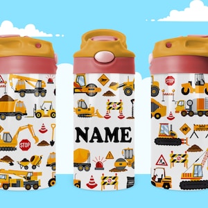 Kids Water Bottle 12 oz kid Truck Sublimation birthday gift for boy construction digger Name png, Sublimation Digital Download,flip top