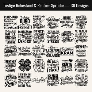Puede incluir: Una colección de 30 diseños tipográficos negros con frases en alemán sobre la jubilación, incluyendo textos como 'Lustige Ruhestand & Rentner Sprüche', 'Ruhestand', 'Rente' y 'Rentner', dispuestos en una cuadrícula sobre un fondo crema claro.