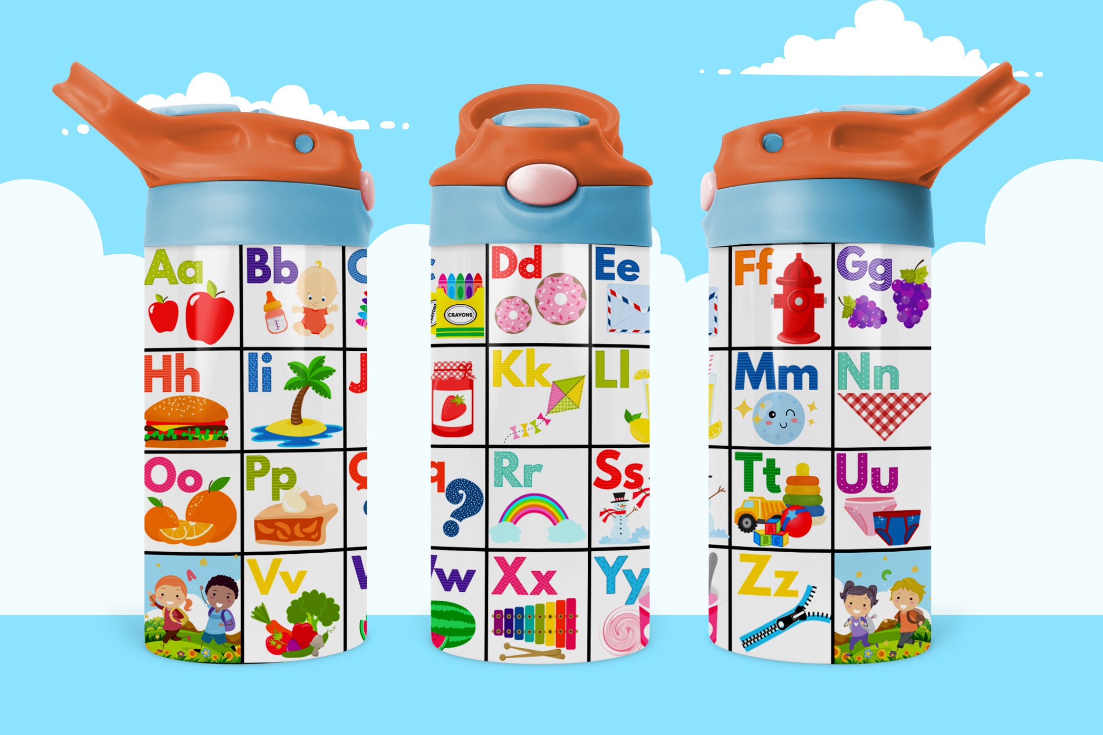 Personalized Kids Water Bottle: Alphabet ABC Learning, 12oz Skinny ...