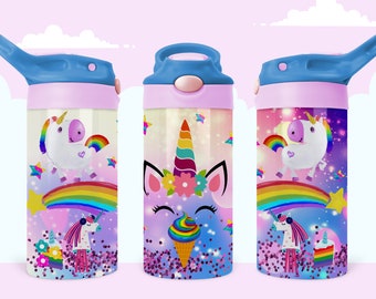 May include: Three pink and blue water bottles with a unicorn and rainbow design. The bottles have a straw lid and are perfect for kids.