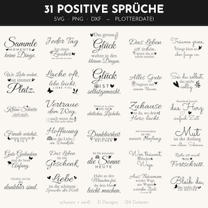 Puede incluir: Una colección digital de 31 diseños de texto negro sobre fondo blanco, con varias citas inspiradoras en alemán, adornos decorativos, corazones, mariposas y arcoíris, etiquetados como archivos de trazador SVG, PNG y DXF.