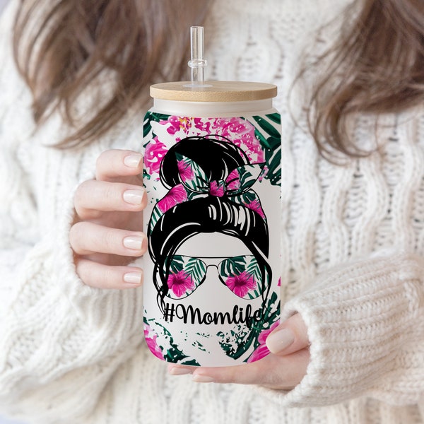 16 oz Libbey Glass Can Momlife messy bun Tumbler ,Momlife sublimation design, Momlife Flower ,Mother's day gift,Mom life png Sublimation