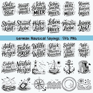 Op de afbeelding: Een verzameling zwart-wit digitale afbeeldingen met Duitse nautische spreuken, vuurtorenillustraties, zeilboten, ankers, strandstoelen, kompassen en zeedieren, gelabeld als German Nautical Sayings SVG PNG.