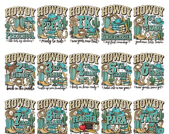 15 Howdy Grade Level PNG Bundle | Western Back to School Shirt Design, Cowgirl Teacher Sublimation, Preschool to 8th Grade