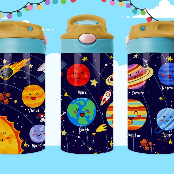 Kids Water Bottle 12 oz kids Universe Sublimation birthday gift for boy Solar System Space Sublimation Digital Download,flip top sippy cup