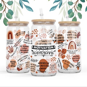 2 tamaños 16 oz y taza Libbey Glass Can French Tumbler Diseño de sublimación Boho Motivación diaria Inspiración, Amante de uno mismo, Texto positivo