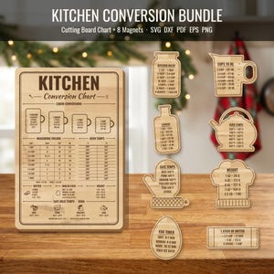 May include: A kitchen conversion bundle featuring a large rectangular wooden chart and eight shaped magnets. The chart and magnets display liquid conversions, oven temperatures, measuring volumes, safe meat temperatures, and weight equivalents in imperial units.