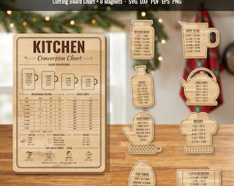 Kitchen Conversion Chart SVG Bundle, 8 Measurement Magnet Cut Files + Cutting Board Laser Engraving, Glowforge xTool png dxf pdf