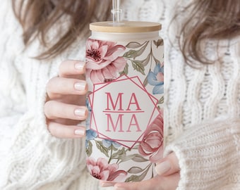 Mama Floral 16 oz Glass Can Tumbler: Mom Life Sublimation Design (Digital PNG File)