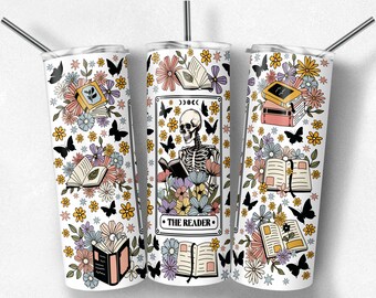 20 25 oz Skinny Tumbler Mug Shirt Skeleton Flower reading | The Reader tarot | Book lover Booktrovert | funny book Lover | Wild Flower PNG