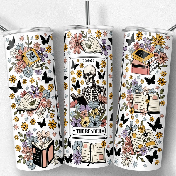 20 25 oz Flaco Vaso Taza Camisa Esqueleto Flor lectura / El lector tarot / Amante de los libros Booktrovert / libro divertido Amante / Flor Salvaje PNG