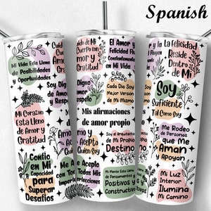 20 Vaso flaco de 25 oz Español Boho Afirmaciones diarias de amor propio / Envoltura positiva Vaso inspirador png, Redacción positiva Digital png