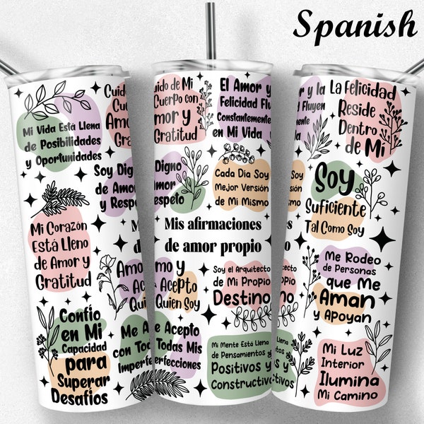 20 25 oz Skinny Tumbler Spanish Boho Daily Self Love Affirmations | Positive Wrap Inspirational Tumbler png ,Positive wording Digital png