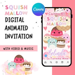 Puede incluir: Una invitación animada digital para una fiesta de cumpleaños con un esquema de color rosa, blanco y azul. La invitación presenta un cono de helado de dibujos animados con una cara sonriente y el texto "Calling All Squish Mallow". El texto "Belinda Is Turning Nine" también está incluido en la invitación.