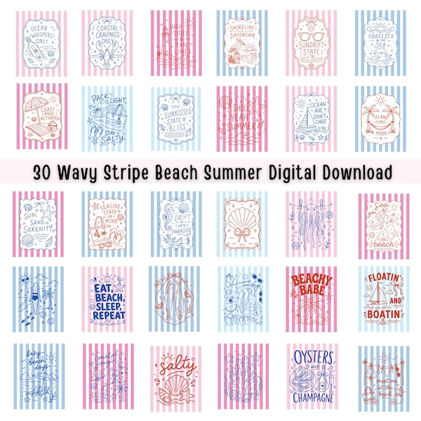 30 Bundle Retro Summer Aesthetic Stripe Beach  (Digital Download)