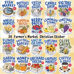 May include: A collection of 20 Christian-themed stickers featuring illustrations of market stalls and food items, each with blue text labels like Fish Market, Potter's House, and Coffee & Grace, accompanied by small Bible verse references.