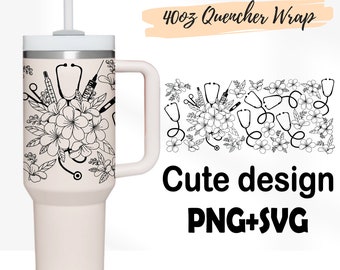 Verpleegkundige bloemen 40oz beker wrap: Stanley Quencher SVG PNG (digitale download)