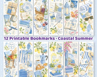 12 Coastal Summer Bookmarks Printable PNG | Nautical Seaside Blue and White Book Lover Gift (Digital Download)