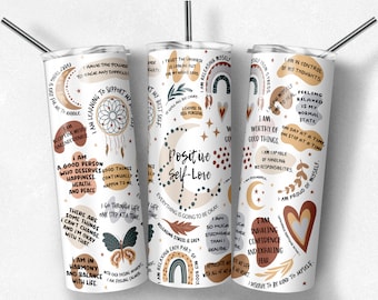 20 oz Skinny Tumbler Boho Daily Positive Self Love Affirmations Tumbler Wrap Inspirational Tumbler png ,Positive wording Digital png