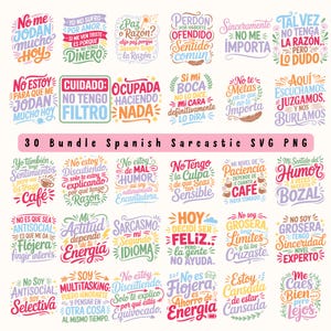 Puede incluir: Un conjunto de 30 diseños SVG y PNG sarcásticos en español. Cada diseño presenta texto colorido con frases y citas humorísticas. Los diseños están en varias fuentes y estilos, adecuados para proyectos de arte digital.