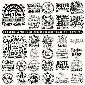 Könnte beinhalten: Eine Sammlung von 30 deutschen Kindergartenlehrer-Designs in Schwarz und Weiß. Die Designs enthalten verschiedene Phrasen wie "Danke", "Beste Lehrerin" und andere Dankesbotschaften, perfekt für Bastelprojekte.