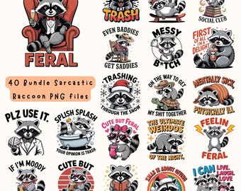 Retro Sarcastic Raccoon PNG Bundle: Funny Animal Clipart (Digital Download)