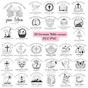 Może przedstawiać: Zbiór 30 niemieckich wersetów biblijnych w formacie SVG i PNG w czerni i bieli. Każdy werset jest wyświetlany z dekoracyjnymi ilustracjami, w tym krzyżami, gołębiami i otwartymi książkami. Tekst jest w języku niemieckim.