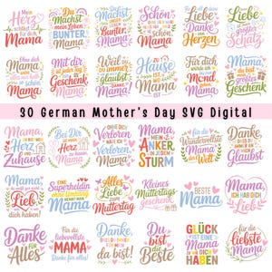 Puede incluir: Un diseño gráfico digital con 30 diseños SVG para el Día de la Madre en alemán. Los diseños incluyen frases como «Mamá, eres mi corazón» y «Te amo, mamá», en varias fuentes y colores, con corazones y detalles florales.