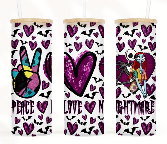 20 25 oz Skinny Tumbler frosted glass tumbler Hand drawn Horror Moives Peace Love Nightmare Before Christmas | Halloween Skeleton PNG