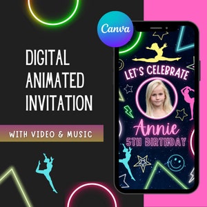 Editable Cute Jump Tumble & Play Gymnastics Birthday Party Invitation | Girl Teen Rainbow Neon Gymnastic Theme Birthday Invite Template