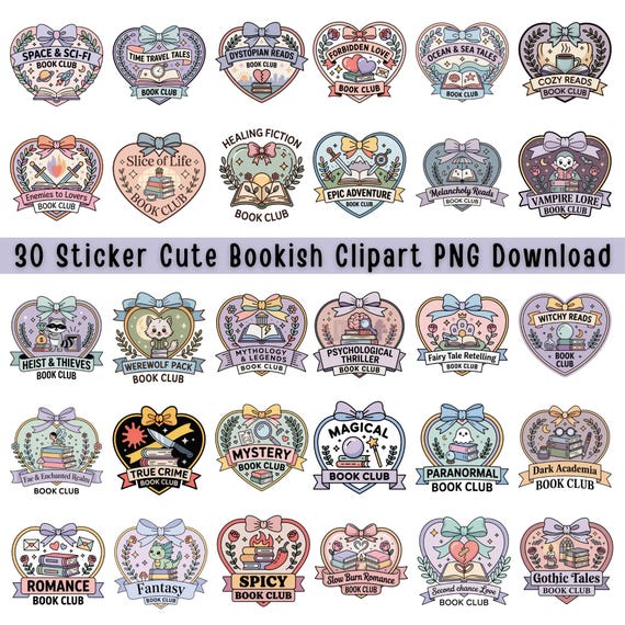 30 Book Club Heart Bundle Bookish Sticker Sublimation (Digital Download)