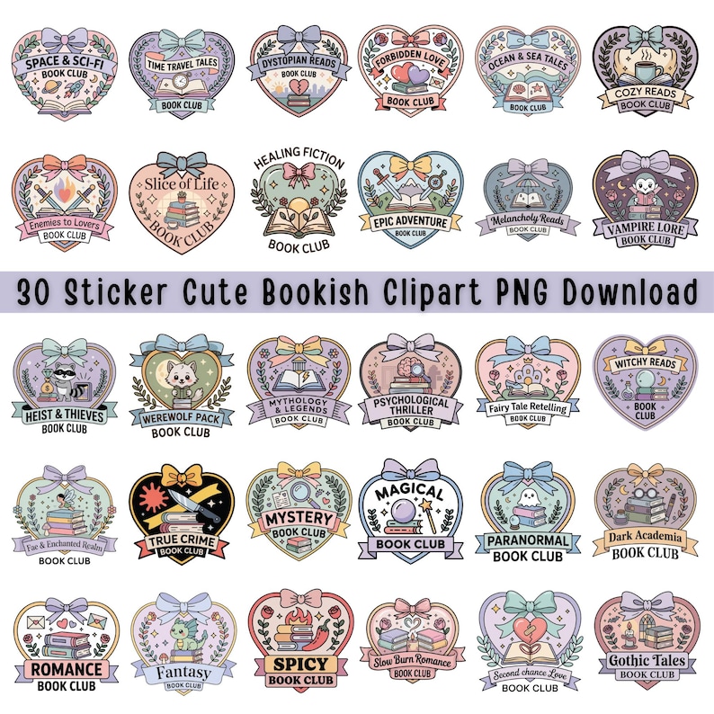May include: A collection of 30 heart-shaped stickers with various book club themes. Each sticker features illustrations and text, including "Space & Sci-Fi," "Time Travel Tales," and "Gothic Tales." The stickers are in pastel colors with bows and decorative elements.
