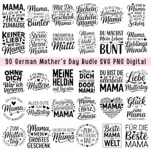 Puede incluir: Gráfico digital con 30 diseños alemanes del Día de la Madre en escritura negra. Incluye frases como "Mama, mein Herz" y "Du bist die beste Mama". El texto está sobre un fondo blanco.