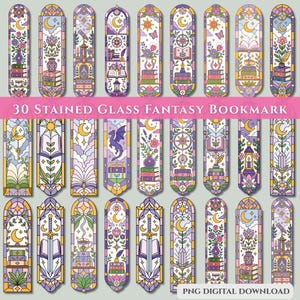 May include: A collection of 30 stained glass fantasy bookmarks. Each bookmark features a unique design with floral, celestial, and book-themed illustrations in shades of purple, yellow, and green. The text "30 STAINED GLASS FANTASY BOOKMARK" is displayed.