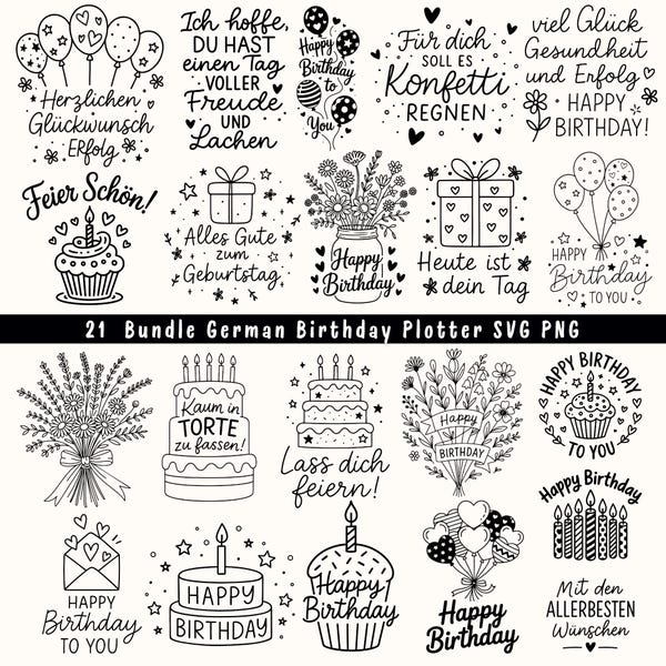 Geburtstags-Plotterdatei Bundle | Geburtstagsprüche SVG für Cricut Silhouette | Happy Birthday Lettering & Illustrationen