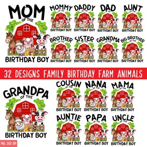32 Dateien Bundle Kader von Bauernhof Tierfamilie Passende Team Party | Niedliche Geburtstagskind Junge Mom Dad Party PNG-Dateien